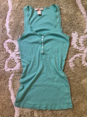 Victoria's Secret Small Teal Ribbed Lace-Trim Henley Tank